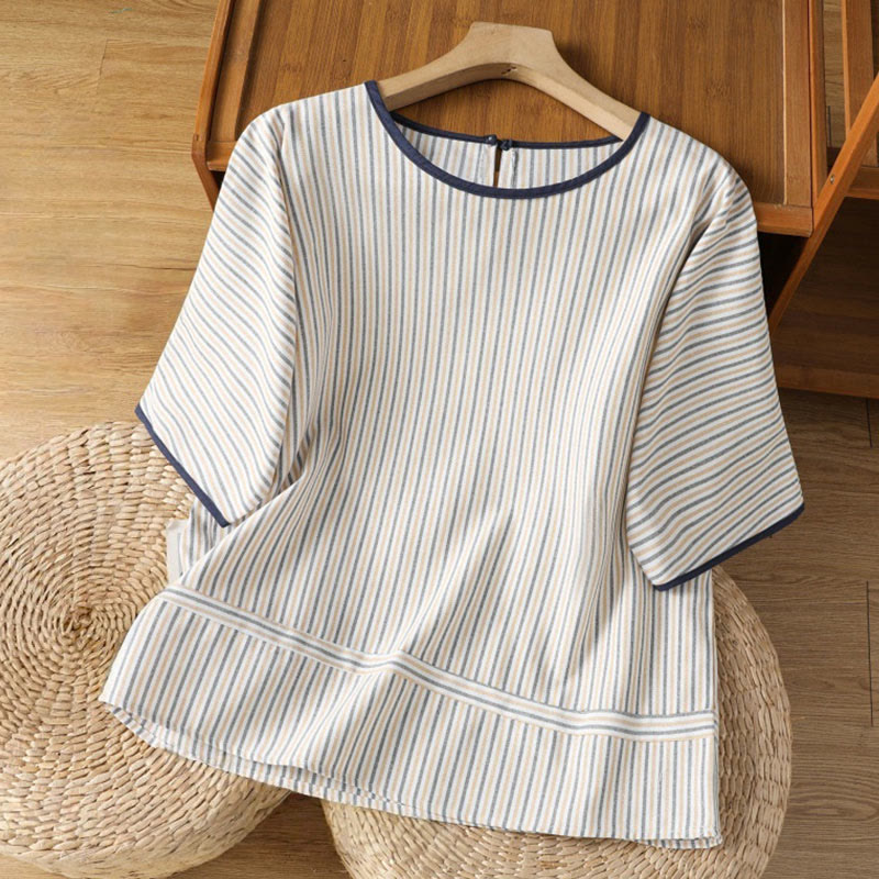 Buddha Stones Pullover Streifen Rundhalsausschnitt Design Damen Baumwolle Kurzarm Shirt - Weiß - US 8-10, UK/AU 12-14, EU 40-42 (2XL) - image 13