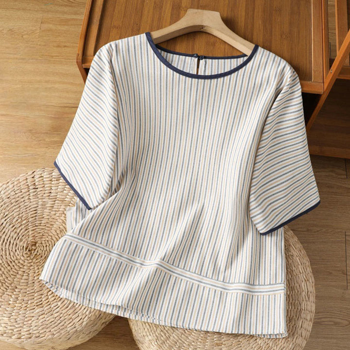 Buddha Stones Pullover Streifen Rundhalsausschnitt Design Damen Baumwolle Kurzarm Shirt - Weiß - US 8-10, UK/AU 12-14, EU 40-42 (2XL) - image 13