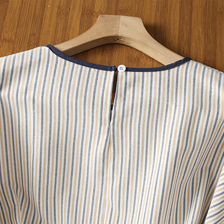 Buddha Stones Pullover Streifen Rundhalsausschnitt Design Damen Baumwolle Kurzarm Shirt - image 16
