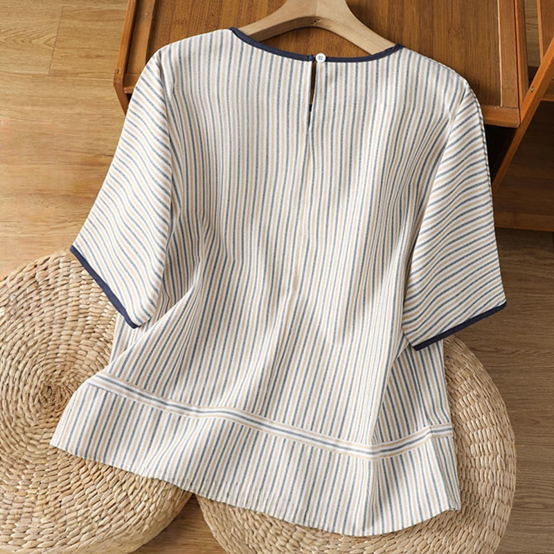 Buddha Stones Pullover Streifen Rundhalsausschnitt Design Damen Baumwolle Kurzarm Shirt - image 15