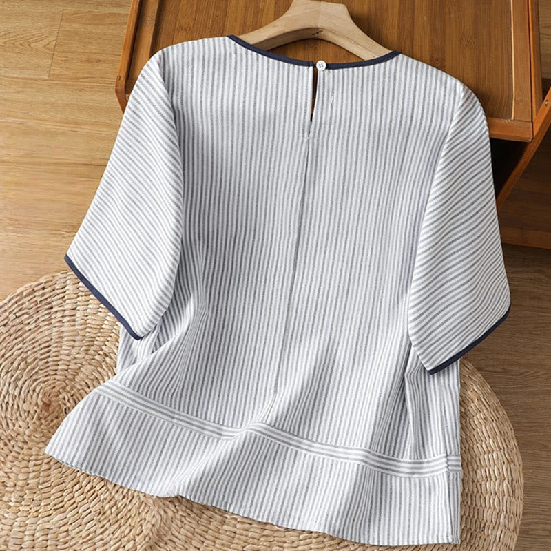 Buddha Stones Pullover Streifen Rundhalsausschnitt Design Damen Baumwolle Kurzarm Shirt - image 1