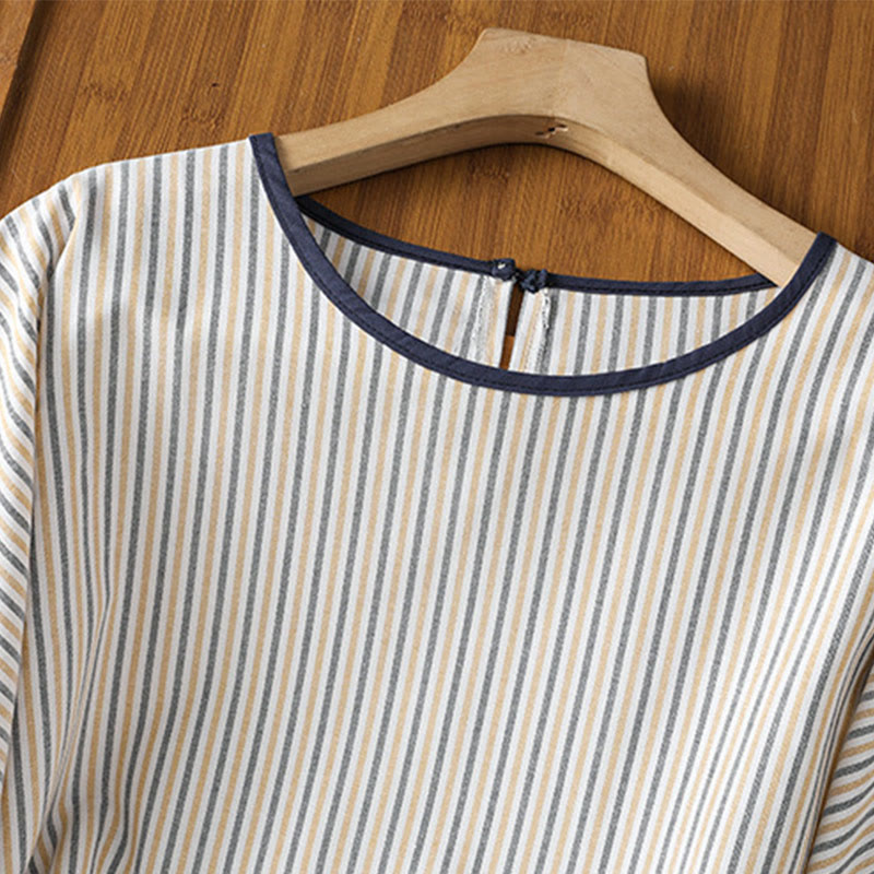 Buddha Stones Pullover Streifen Rundhalsausschnitt Design Damen Baumwolle Kurzarm Shirt - image 16