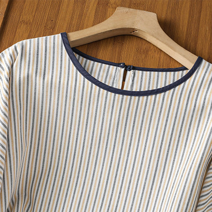 Buddha Stones Pullover Streifen Rundhalsausschnitt Design Damen Baumwolle Kurzarm Shirt - image 16