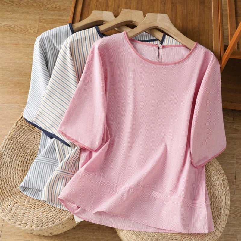 Buddha Stones Pullover Streifen Rundhalsausschnitt Design Damen Baumwolle Kurzarm Shirt - image 21