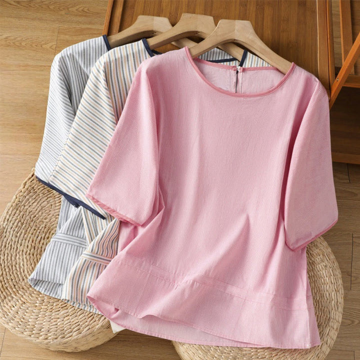 Buddha Stones Pullover Streifen Rundhalsausschnitt Design Damen Baumwolle Kurzarm Shirt - image 21