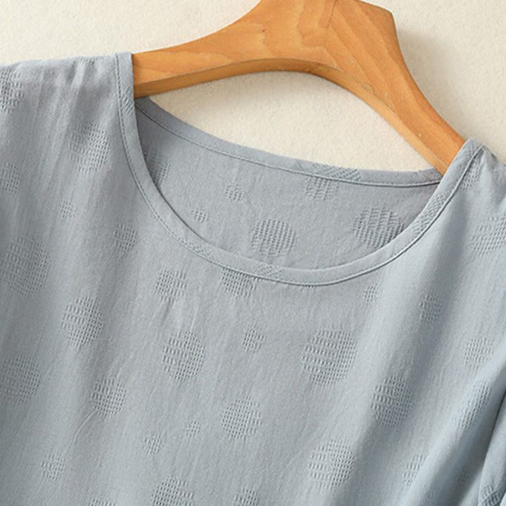 Buddha Stones Plain Rundhals-Design Damen Baumwolle Lose Kurzarm Shirt - image 5