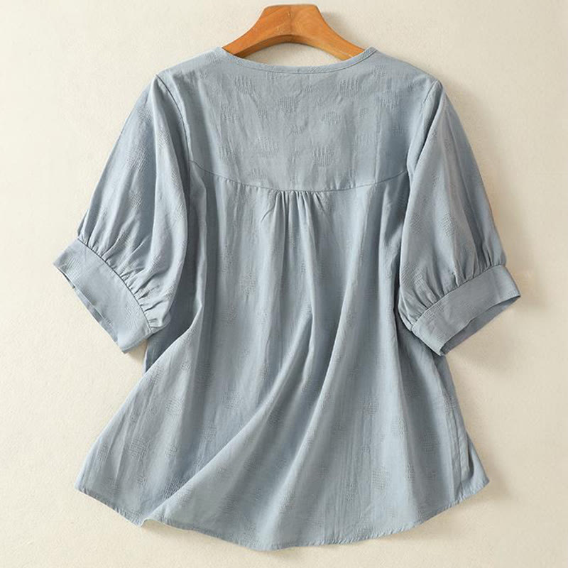 Buddha Stones Plain Rundhals-Design Damen Baumwolle Lose Kurzarm Shirt - image 1
