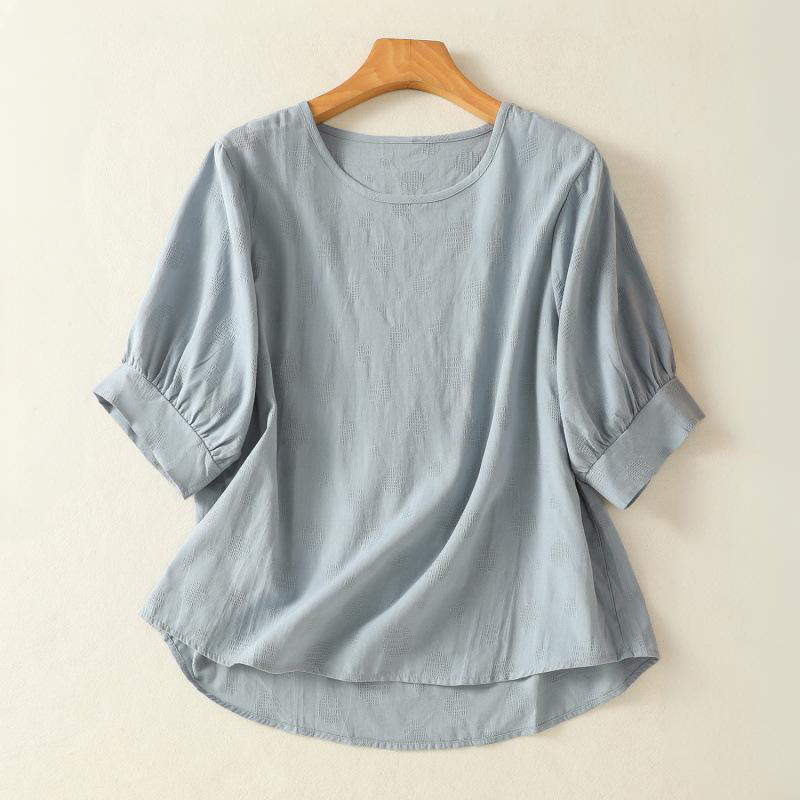 Buddha Stones Plain Rundhals-Design Damen Baumwolle Lose Kurzarm Shirt - Hellblau - US8-10， UK/AU12-14，EU40-42 (2XL) - image 0