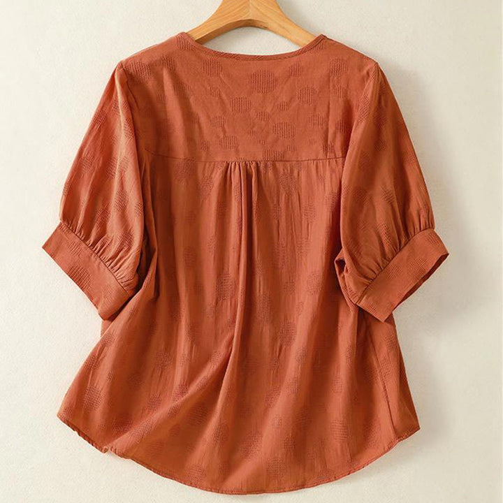 Buddha Stones Plain Rundhals-Design Damen Baumwolle Lose Kurzarm Shirt - image 8