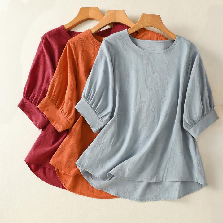 Buddha Stones Plain Rundhals-Design Damen Baumwolle Lose Kurzarm Shirt - image 20