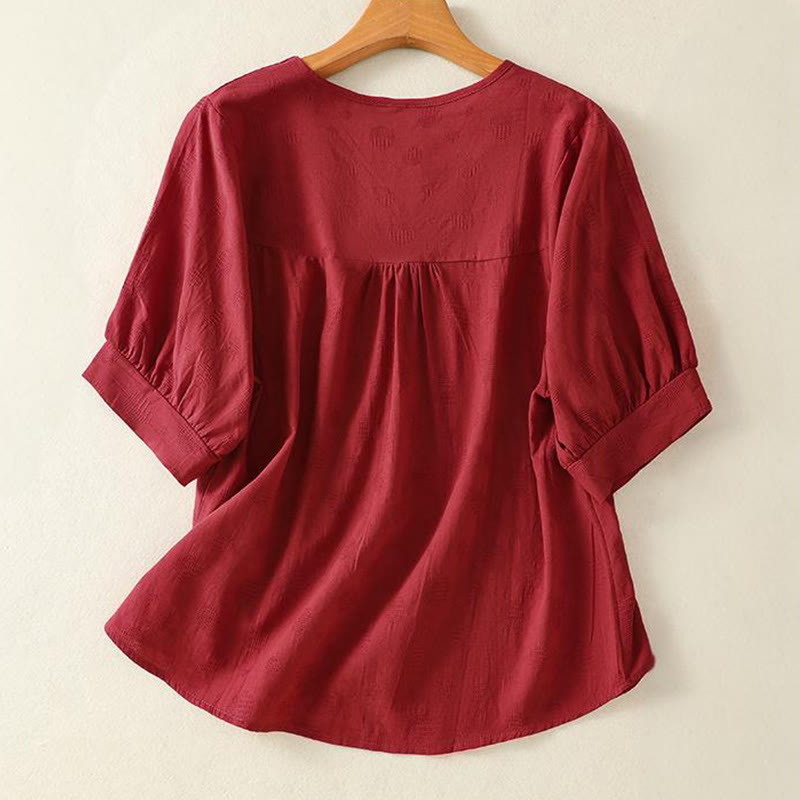 Buddha Stones Plain Rundhals-Design Damen Baumwolle Lose Kurzarm Shirt - image 14