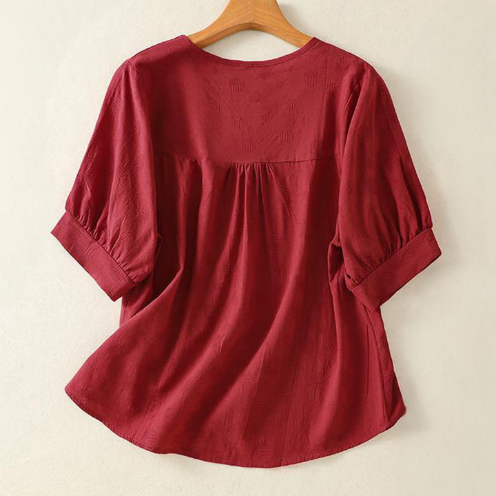 Buddha Stones Plain Rundhals-Design Damen Baumwolle Lose Kurzarm Shirt - image 14