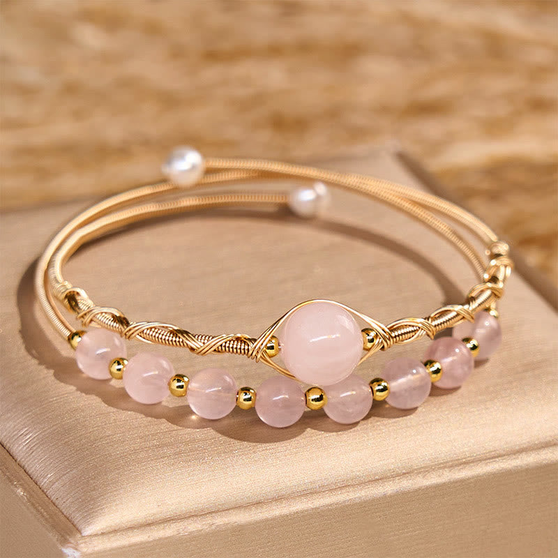 Buddha Stones Natürlicher Rosenquarz Liebe Heilung Metall Manschette Armband Armreif - Rosenquarz (Handgelenkumfang 14-16 cm) - image 1