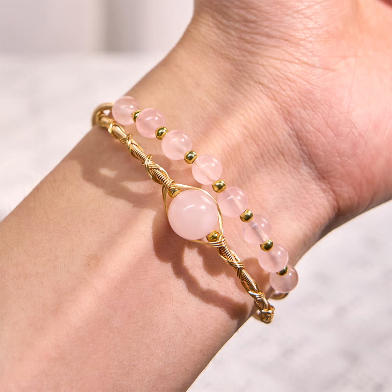 Buddha Stones Natürlicher Rosenquarz Liebe Heilung Metall Manschette Armband Armreif - image 5