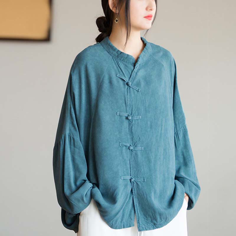 Buddha Stones Frosch-Knopf Langarmshirt Zen Tai Chi Meditation Top Hanfu Kleidung Jacke - Cyan (Brustumfang 162 cm) (Nur Oberteil) - image 0