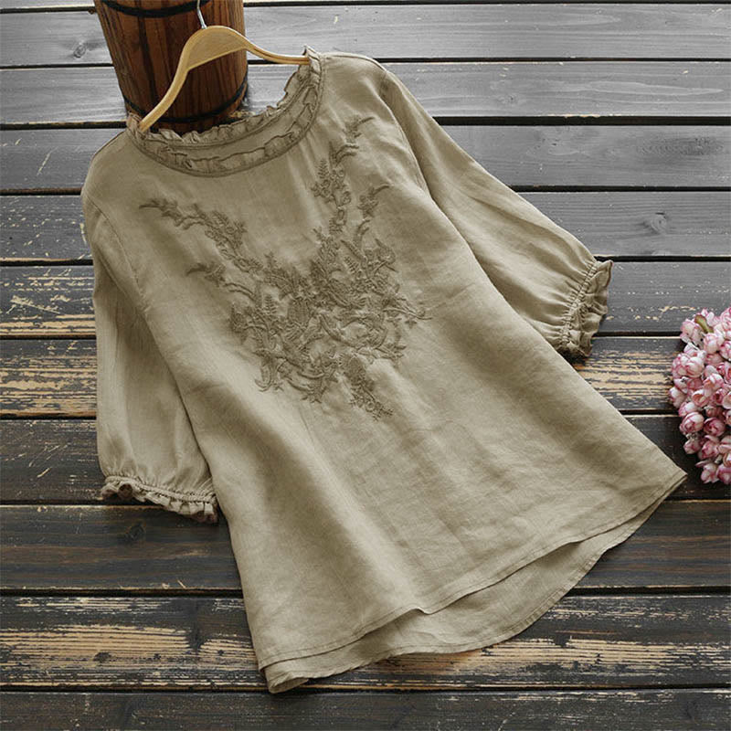 Buddha Stones Damen T-Shirt mit Blumenstickerei-Design, Rundhalsausschnitt - BurlyWood - US14, UK/AU18, EU46 (4XL) - image 0