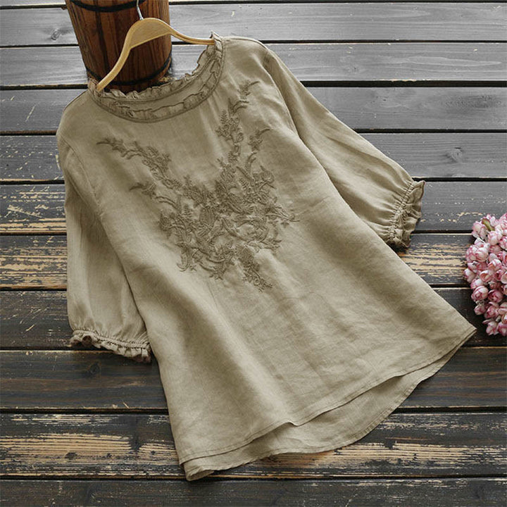 Buddha Stones Damen T-Shirt mit Blumenstickerei-Design, Rundhalsausschnitt - BurlyWood - US14, UK/AU18, EU46 (4XL) - image 0