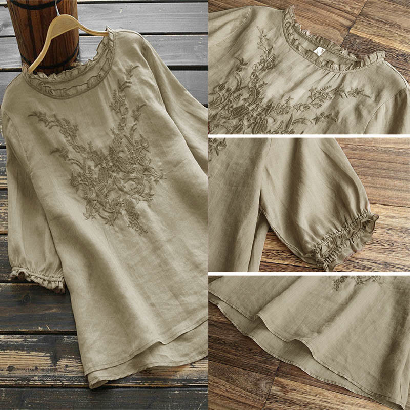 Buddha Stones Damen T-Shirt mit Blumenstickerei-Design, Rundhalsausschnitt - image 1