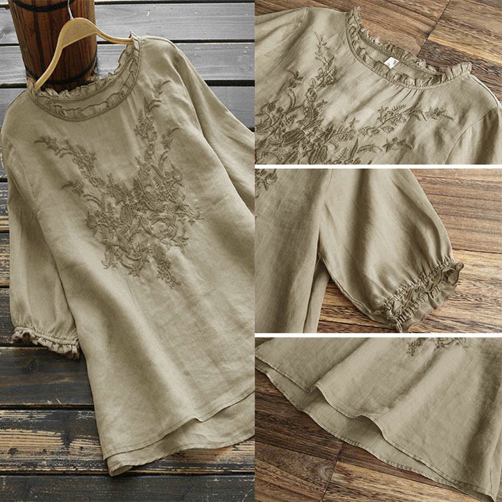 Buddha Stones Damen T-Shirt mit Blumenstickerei-Design, Rundhalsausschnitt - image 1