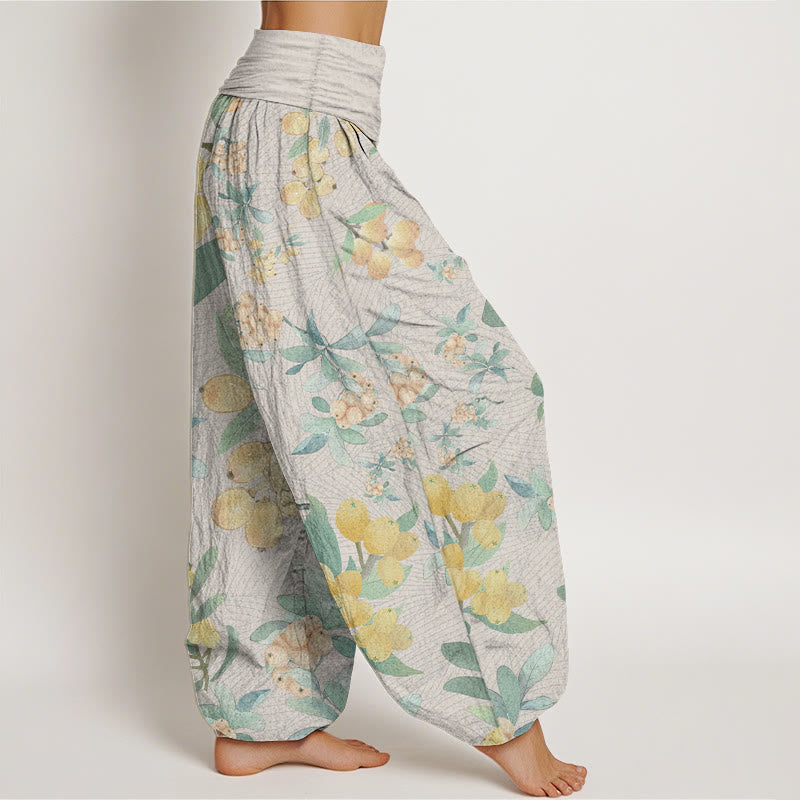 Buddha Stones Damen-Haremshose mit elastischer Taille und Loquat-Muster aus reiner Baumwolle