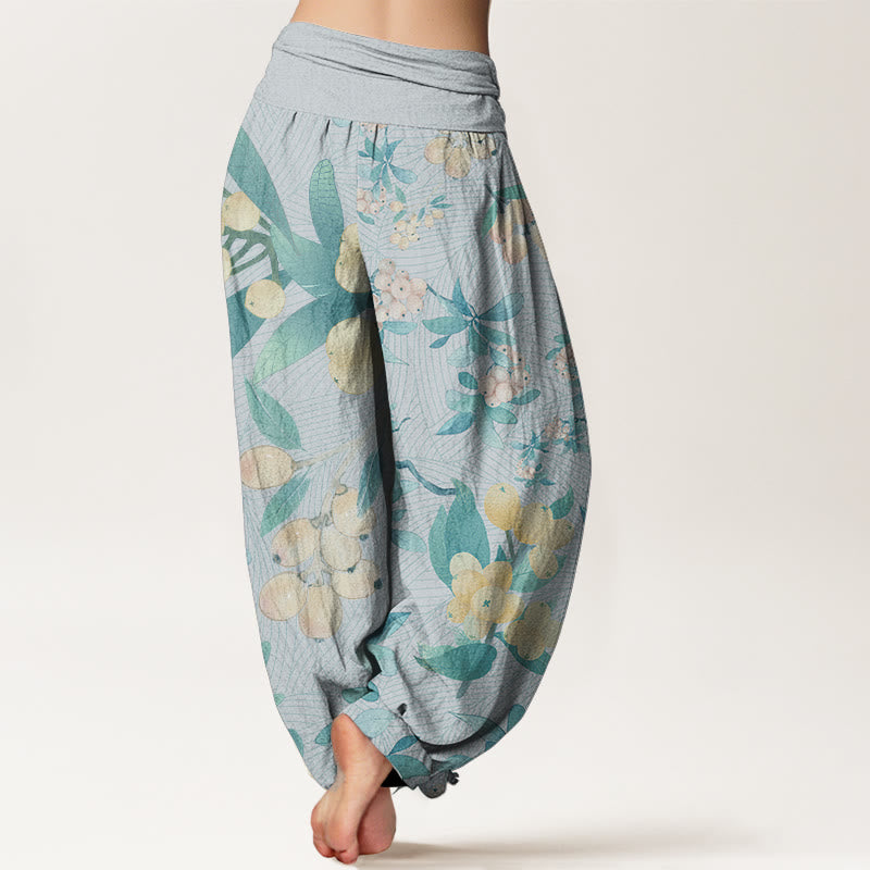 Buddha Stones Damen-Haremshose mit elastischer Taille und Loquat-Muster aus reiner Baumwolle