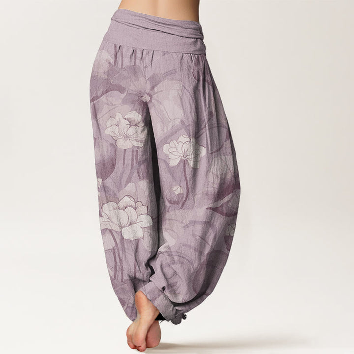 Buddha Stones Damen-Haremshose aus reiner Baumwolle mit Lotus-Design und elastischer Taille