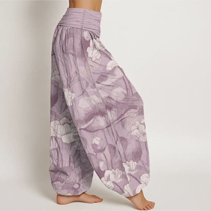 Buddha Stones Damen-Haremshose aus reiner Baumwolle mit Lotus-Design und elastischer Taille - image 9