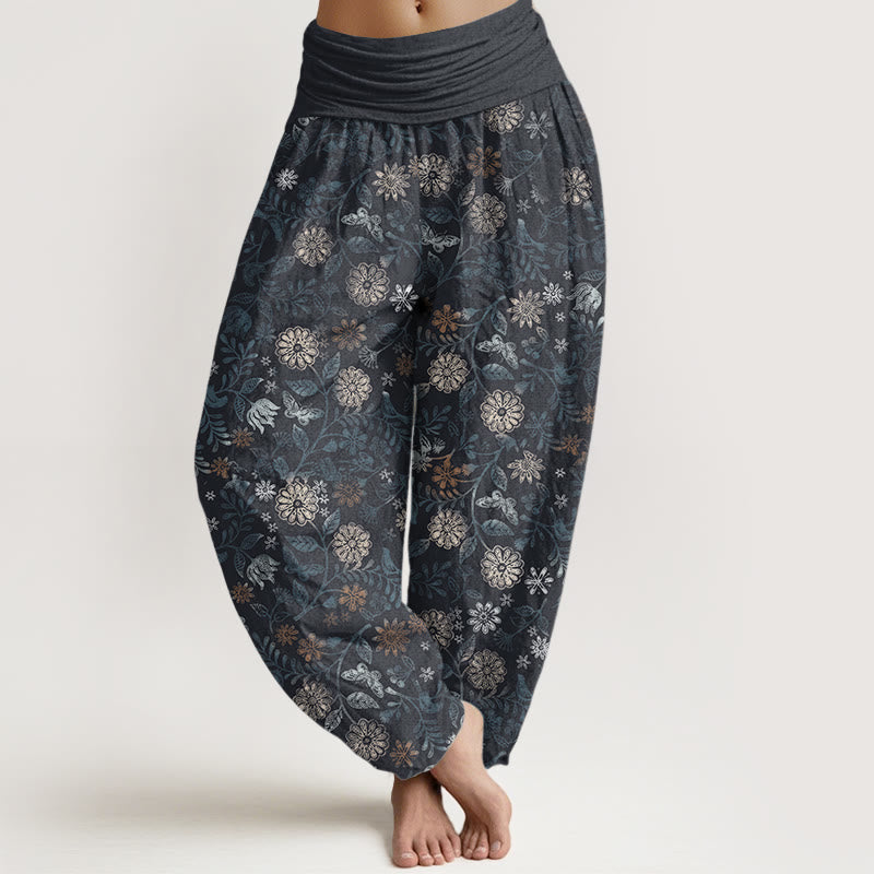 Buddha Stones Damen-Haremshose aus reiner Baumwolle mit New Yorker Asterblumen-Blätter-Design und elastischer Taille - SteelBlue - US22, UK/AU26, EU54 (6XL) - image 0