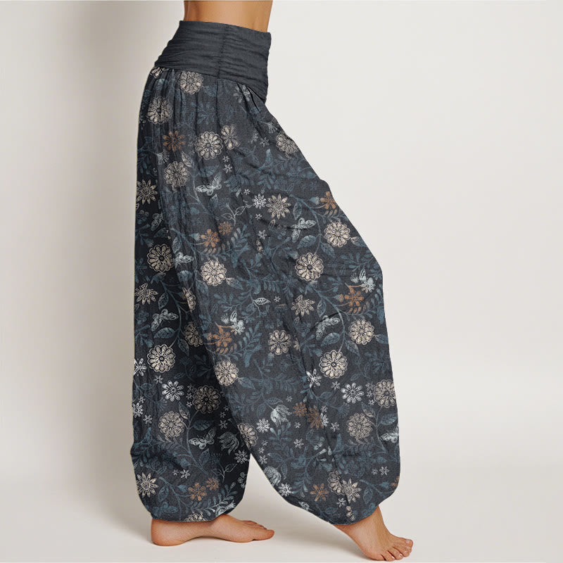 Buddha Stones Damen-Haremshose aus reiner Baumwolle mit New Yorker Asterblumen-Blätter-Design und elastischer Taille