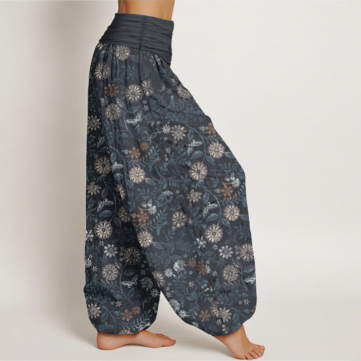 Buddha Stones Damen-Haremshose aus reiner Baumwolle mit New Yorker Asterblumen-Blätter-Design und elastischer Taille