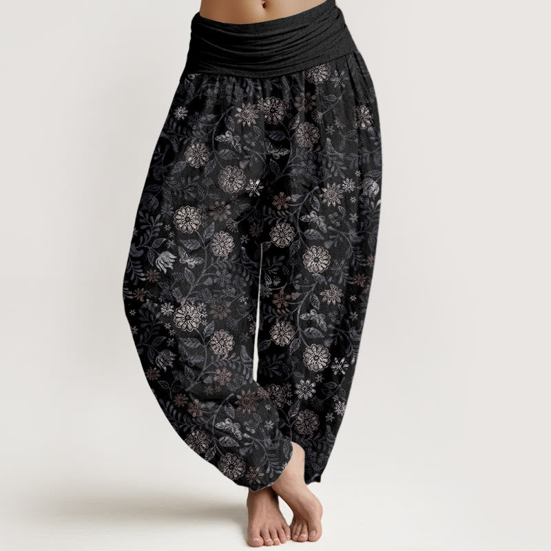 Buddha Stones Damen-Haremshose aus reiner Baumwolle mit New Yorker Asterblumen-Blätter-Design und elastischer Taille - Schwarz - US22, UK/AU26,EU54 (6XL) - image 7