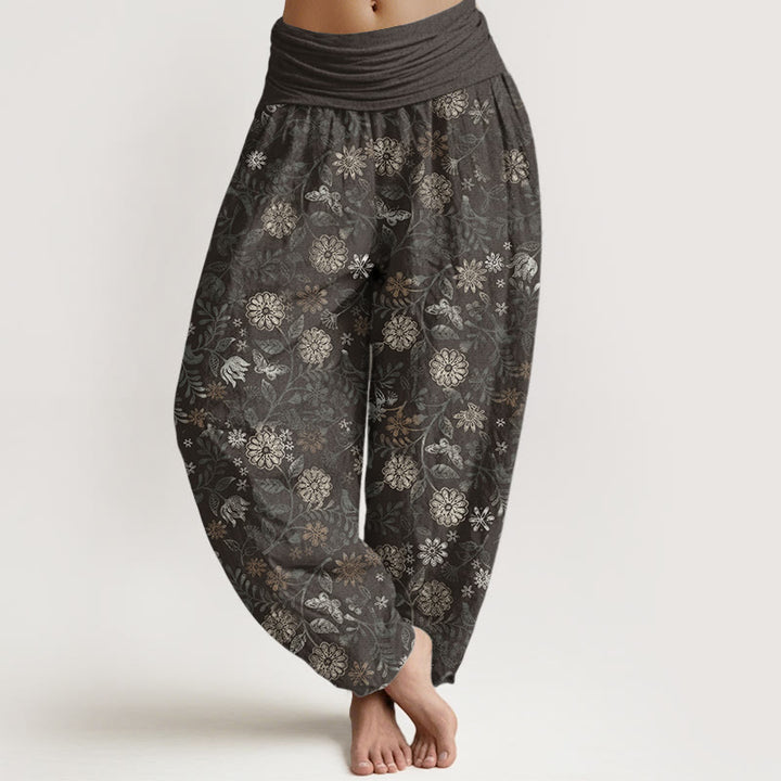 Buddha Stones Damen-Haremshose aus reiner Baumwolle mit New Yorker Asterblumen-Blätter-Design und elastischer Taille