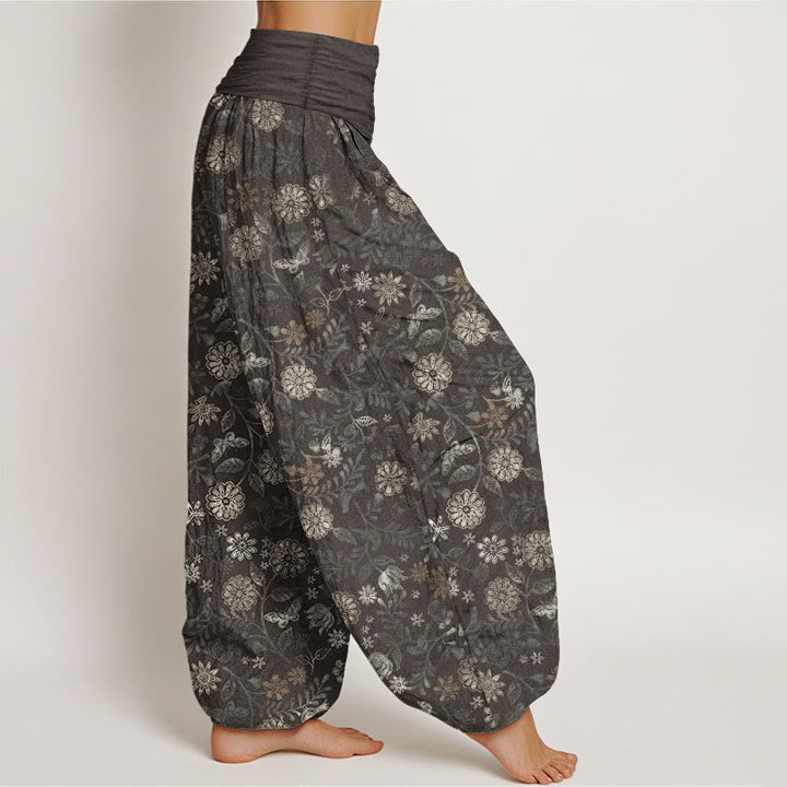 Buddha Stones Damen-Haremshose aus reiner Baumwolle mit New Yorker Asterblumen-Blätter-Design und elastischer Taille