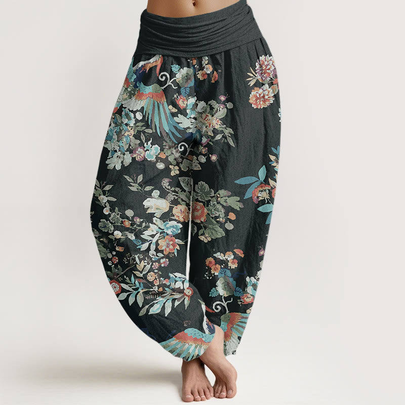 Buddha Stones Damen-Haremshose aus reiner Baumwolle mit buntem Blumen-Vögel-Blätter-Muster und elastischer Taille - Schwarz - US22, UK/AU26,EU54 (6XL) - image 1