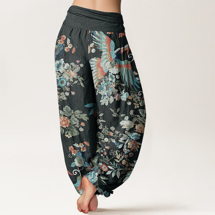 Buddha Stones Damen-Haremshose aus reiner Baumwolle mit buntem Blumen-Vögel-Blätter-Muster und elastischer Taille