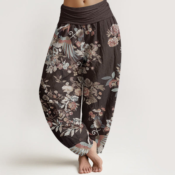 Buddha Stones Damen-Haremshose aus reiner Baumwolle mit buntem Blumen-Vögel-Blätter-Muster und elastischer Taille - Sattelbraun - US22, UK/AU26,EU54 (6XL) - image 10