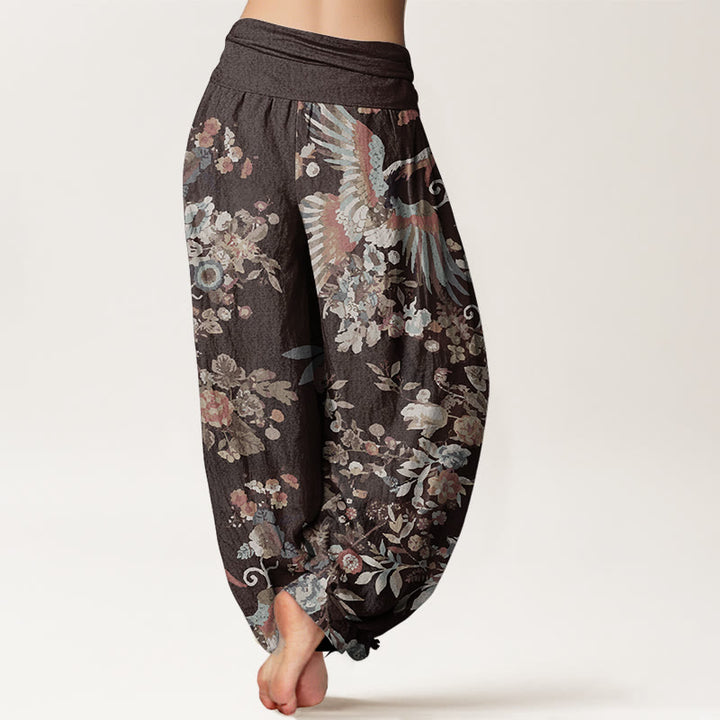 Buddha Stones Damen-Haremshose aus reiner Baumwolle mit buntem Blumen-Vögel-Blätter-Muster und elastischer Taille