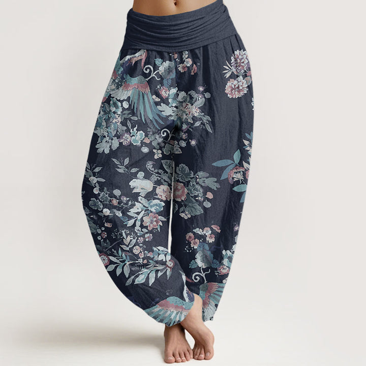 Buddha Stones Damen-Haremshose aus reiner Baumwolle mit buntem Blumen-Vögel-Blätter-Muster und elastischer Taille - Dunkelblau - US22, UK/AU26,EU54 (6XL) - image 7