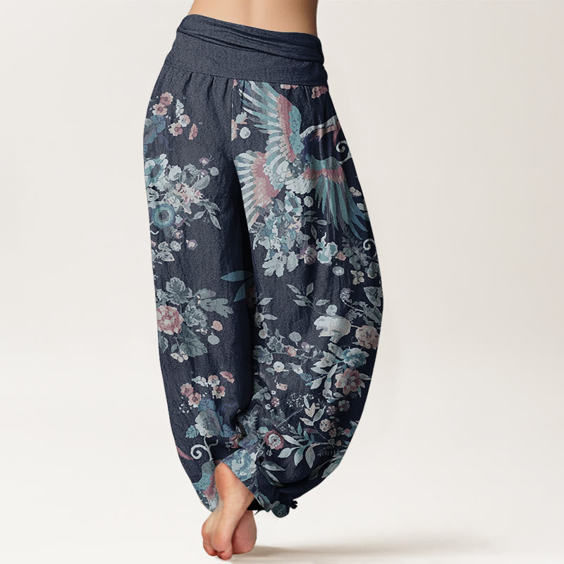 Buddha Stones Damen-Haremshose aus reiner Baumwolle mit buntem Blumen-Vögel-Blätter-Muster und elastischer Taille