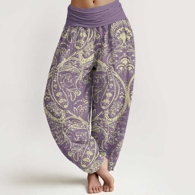 Buddha Stones Damen-Haremshose aus reiner Baumwolle mit Blumen und Paisley-Muster und elastischer Taille