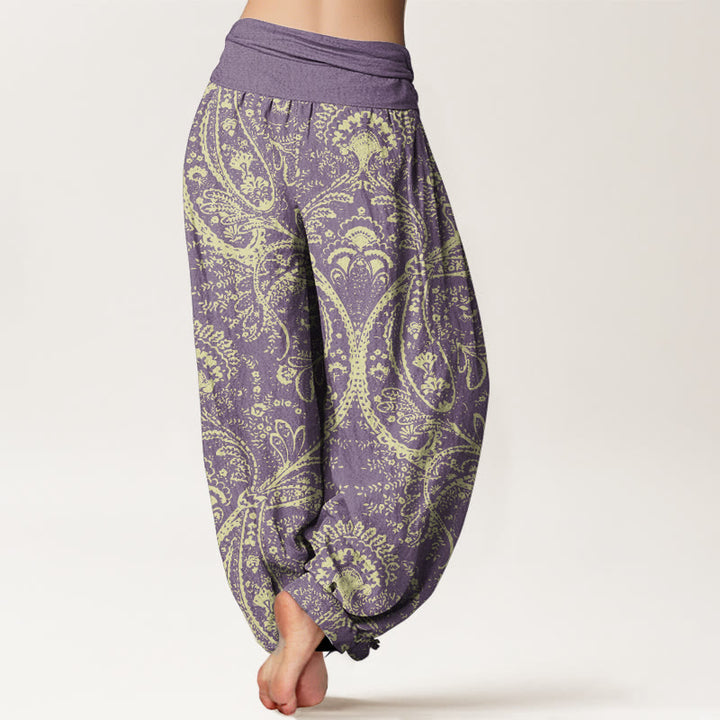 Buddha Stones Damen-Haremshose aus reiner Baumwolle mit Blumen und Paisley-Muster und elastischer Taille