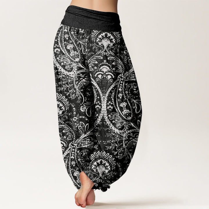 Buddha Stones Damen-Haremshose aus reiner Baumwolle mit Blumen und Paisley-Muster und elastischer Taille