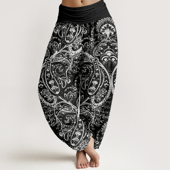 Buddha Stones Damen-Haremshose aus reiner Baumwolle mit Blumen und Paisley-Muster und elastischer Taille