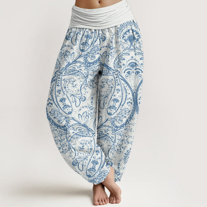 Buddha Stones Damen-Haremshose aus reiner Baumwolle mit Blumen und Paisley-Muster und elastischer Taille
