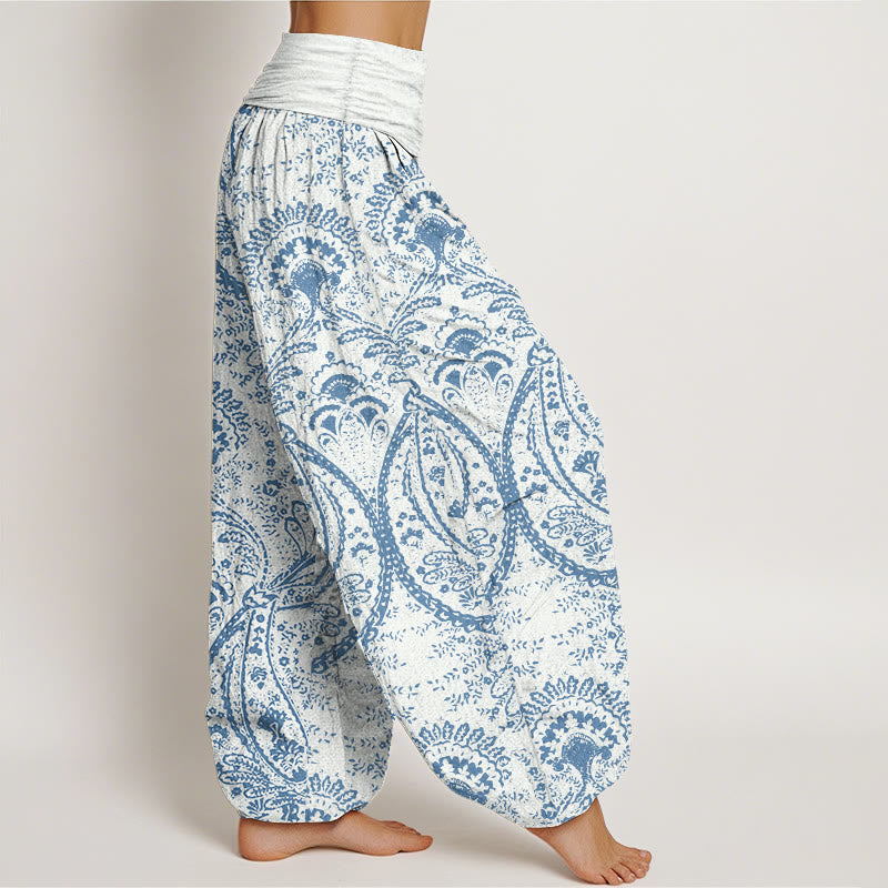 Buddha Stones Damen-Haremshose aus reiner Baumwolle mit Blumen und Paisley-Muster und elastischer Taille