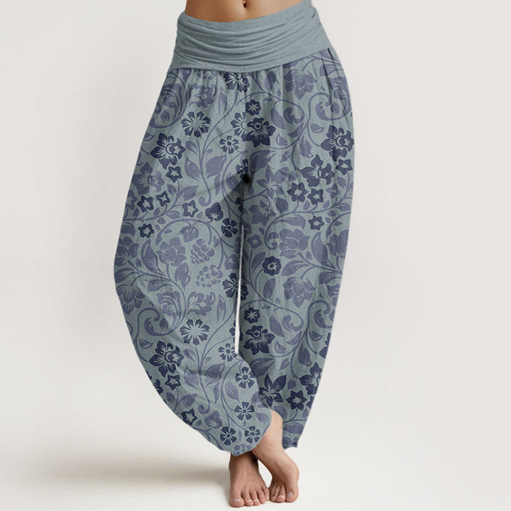 Buddha Stones Haremshose aus reiner Baumwolle mit kleinen Blumen und ineinander verschlungenen Zweigen für Damen mit elastischer Taille - Stahlblau - US22, UK/AU26,EU54 (6XL) - image 10