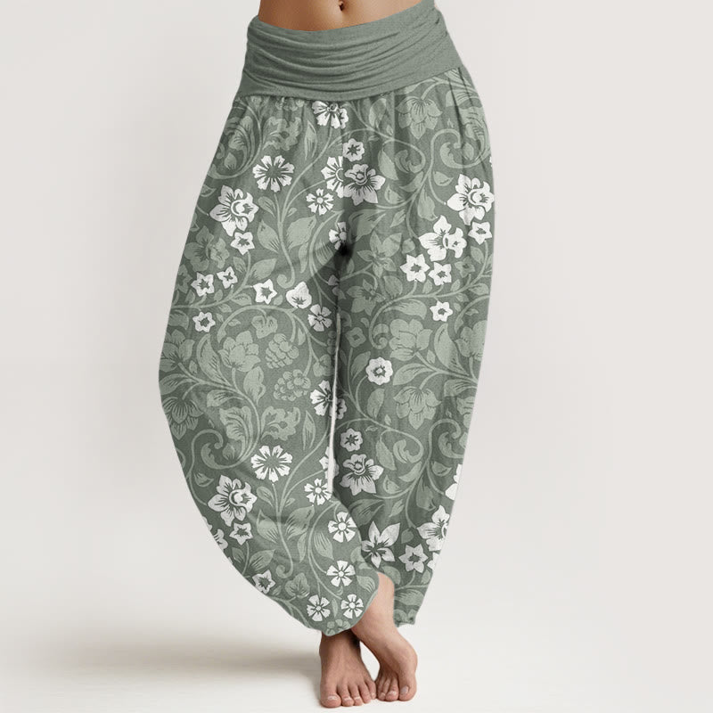 Buddha Stones Haremshose aus reiner Baumwolle mit kleinen Blumen und ineinander verschlungenen Zweigen für Damen mit elastischer Taille - DunkelMeerGrün - US22, UK/AU26,EU54 (6XL) - image 1