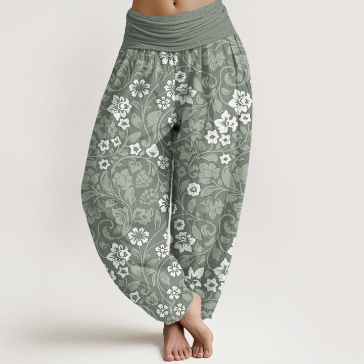Buddha Stones Haremshose aus reiner Baumwolle mit kleinen Blumen und ineinander verschlungenen Zweigen für Damen mit elastischer Taille - DunkelMeerGrün - US22, UK/AU26,EU54 (6XL) - image 1
