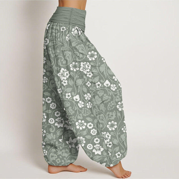 Buddha Stones Haremshose aus reiner Baumwolle mit kleinen Blumen und ineinander verschlungenen Zweigen für Damen mit elastischer Taille