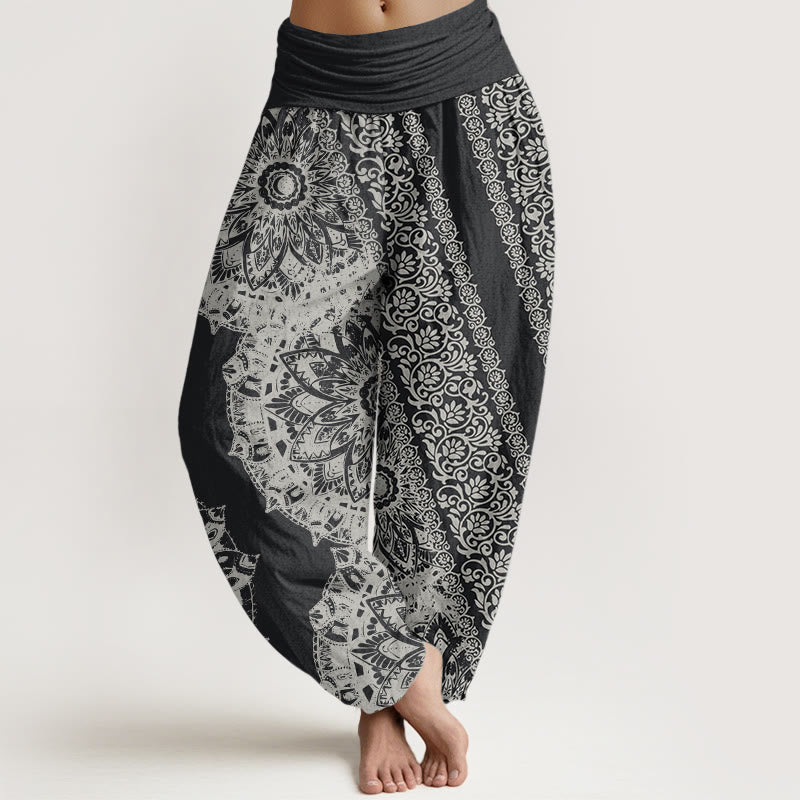 Buddha Stones Reine Baumwolle Mandala Muster Parallel Blumen Damen Haremshose mit elastischer Taille